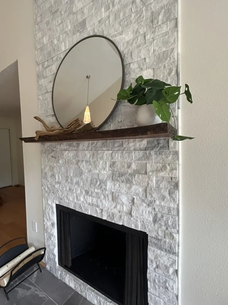 Stone fireplace with mirror and leafy plant