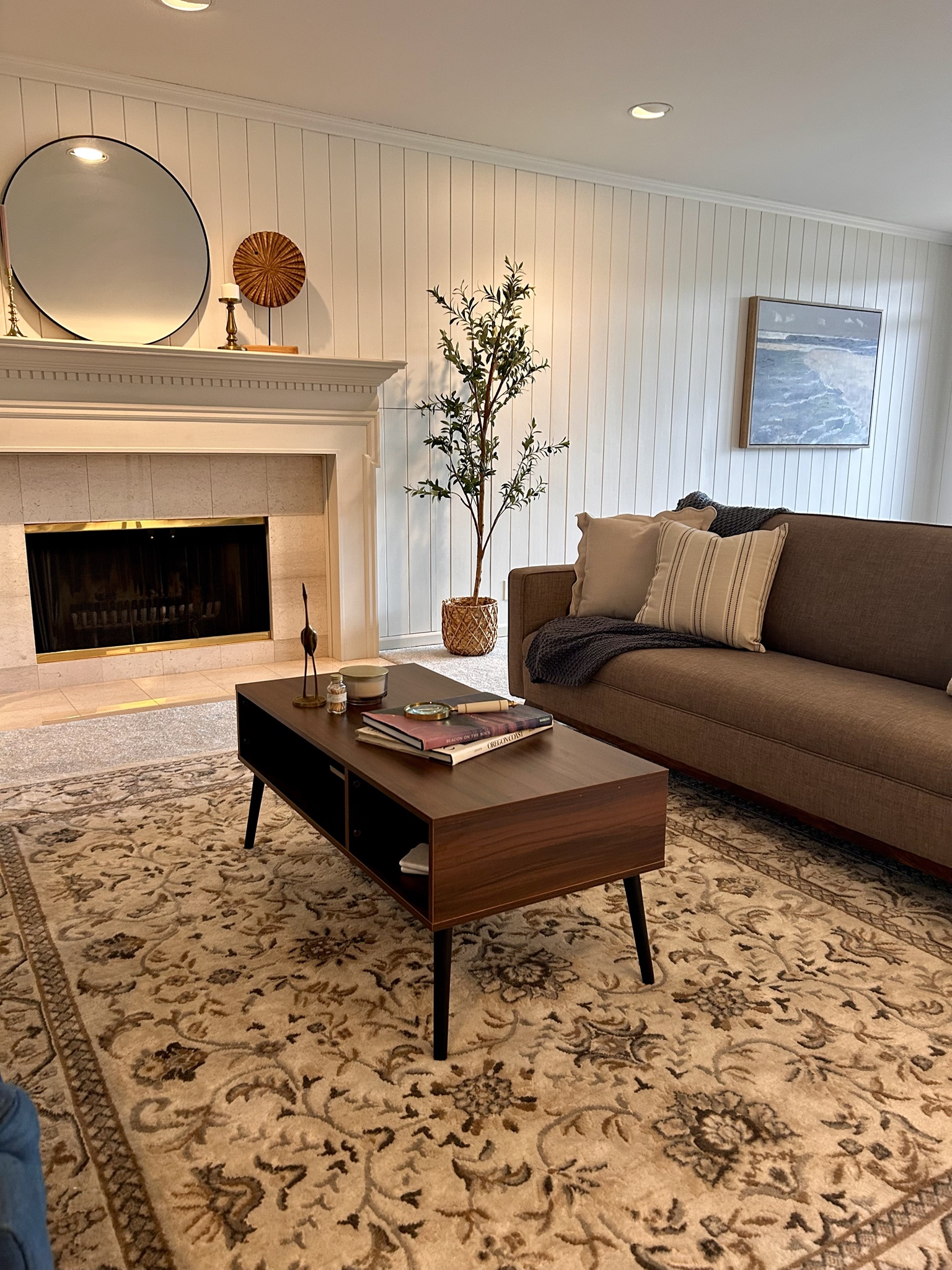 Living room fireplace, sofa and coffee table