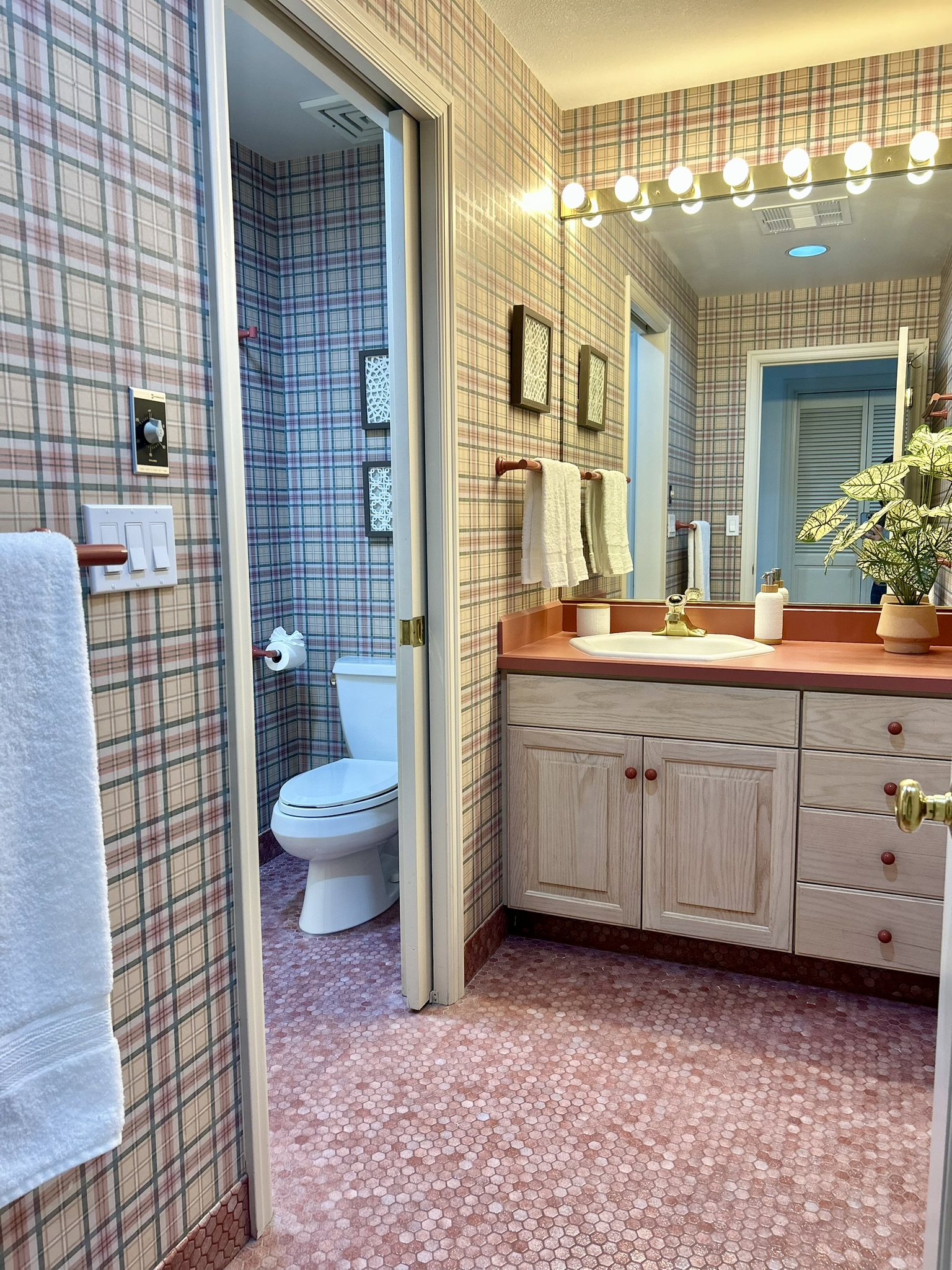 Plaid bathroom with red vanity and adjoining toilet room