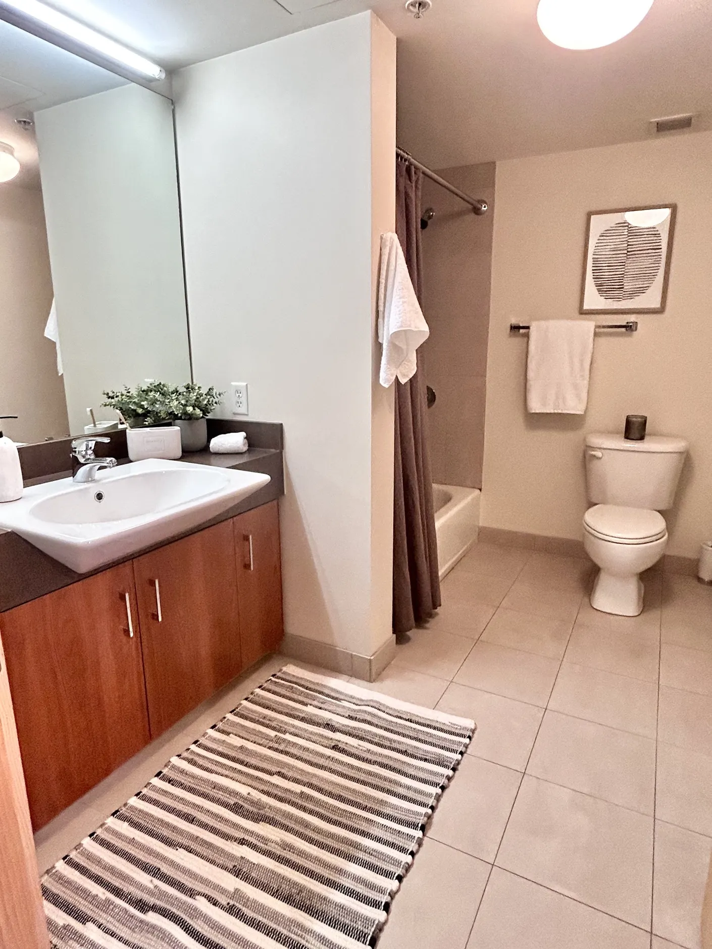 Bathroom with wood vanity and striped rug