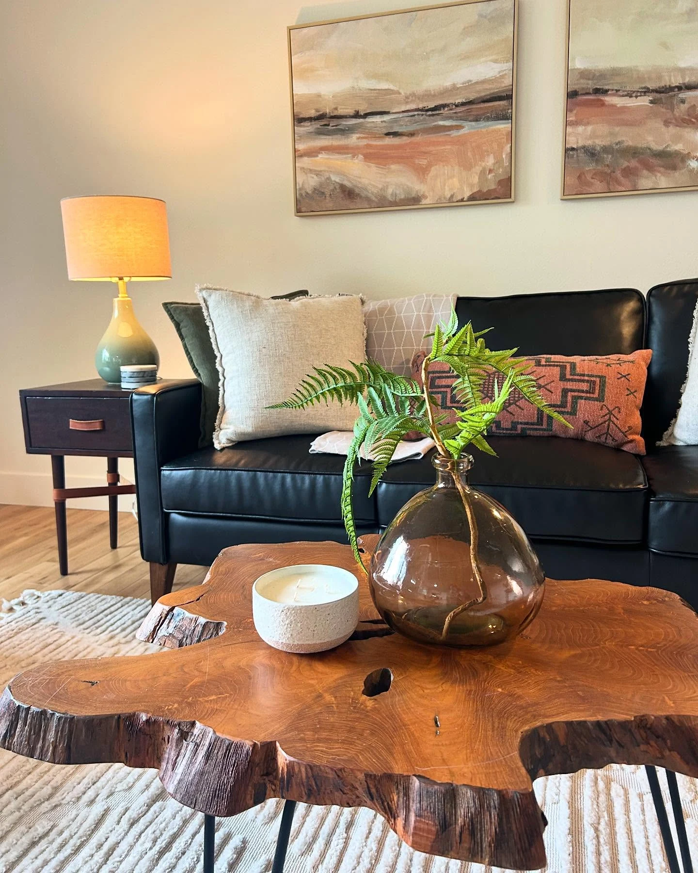 Styled living room detail with wood table